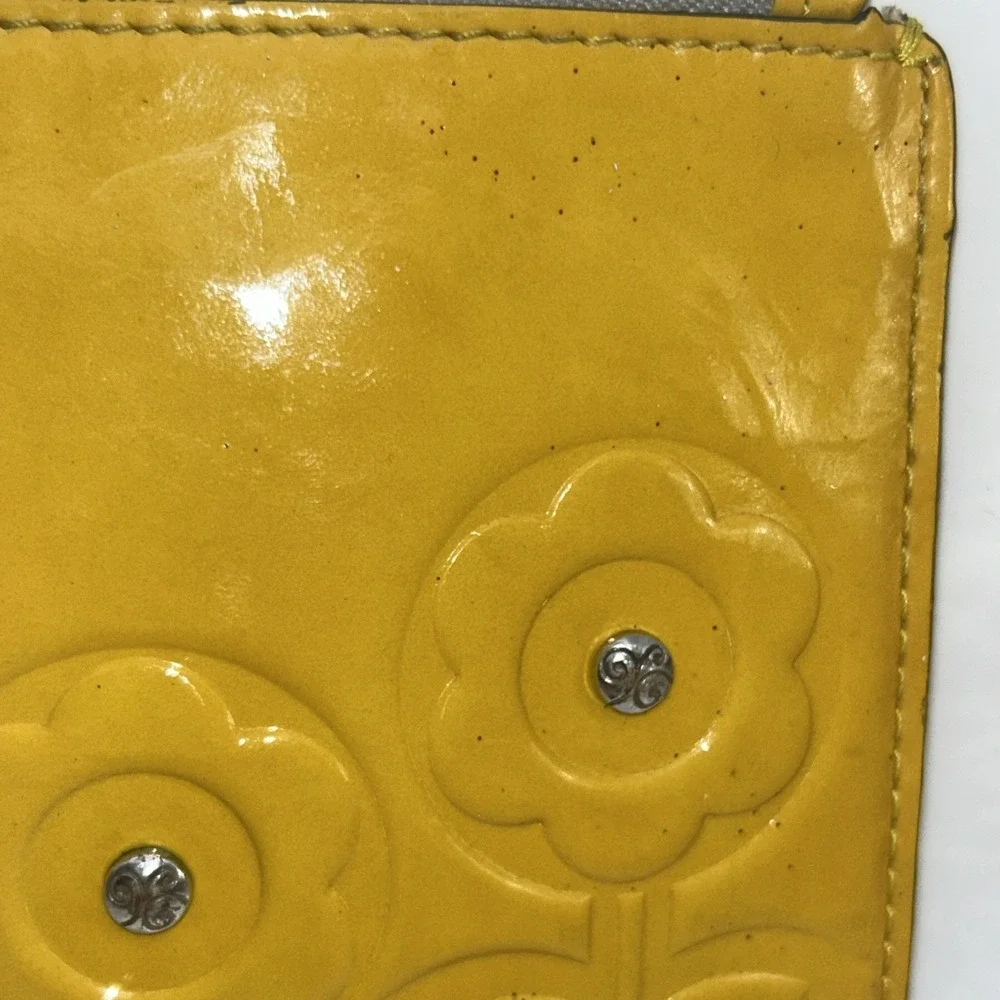 Brighton Yellow Leather Floral Embossed Wristlet Clutch Zip Pouch